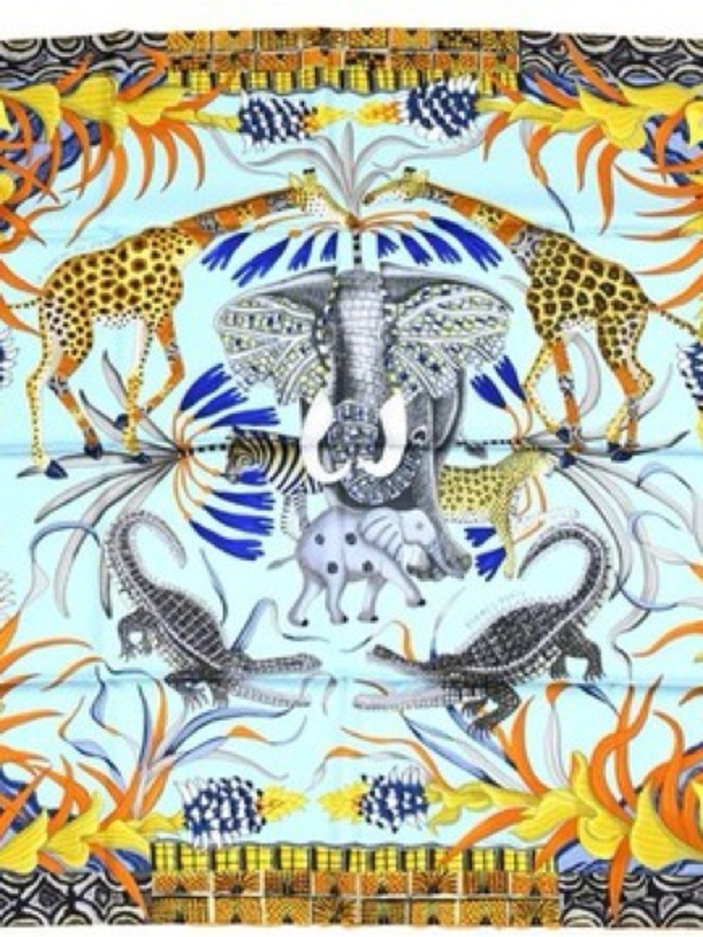Hermes Blue, White and Yellow Elephant Print Silk Scarf